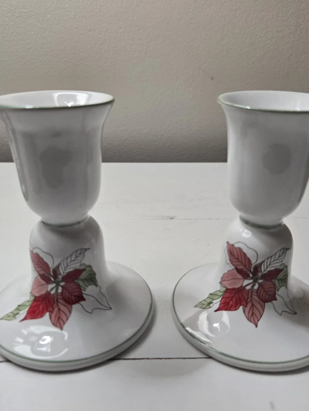Vintage Block Bernarda Portugal Poinsettia Candle Holders Pair, Mary Lou Goertze
